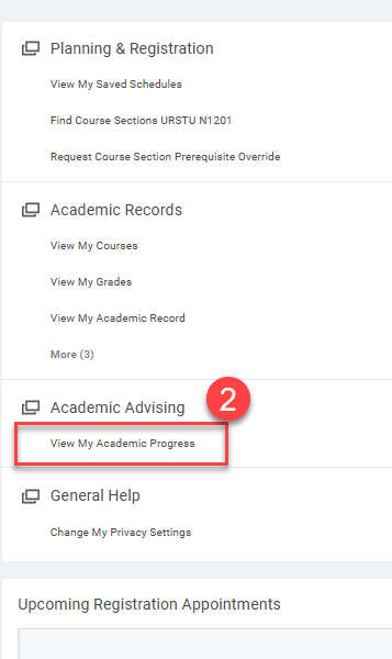 Student portal menu showing Planning & Registration, Academic Records, and Academic Advising with "View My Academic Progress" highlighted.