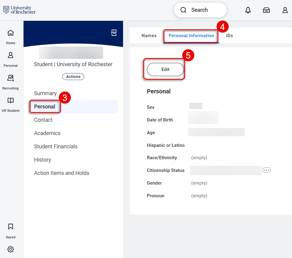 Select "Personal" from the left navigation, then select the "Personal Information" tab and "Edit".