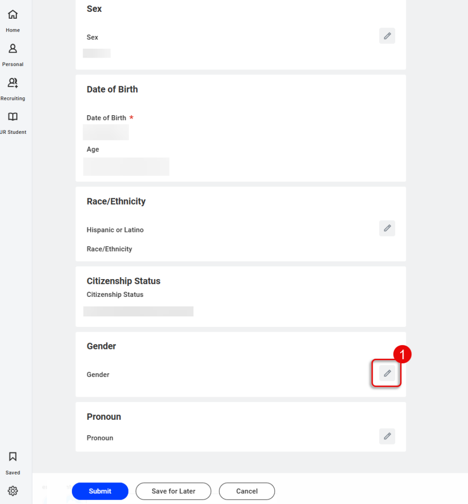 From the personal information page, scroll down then select the Edit icon next to Gender.