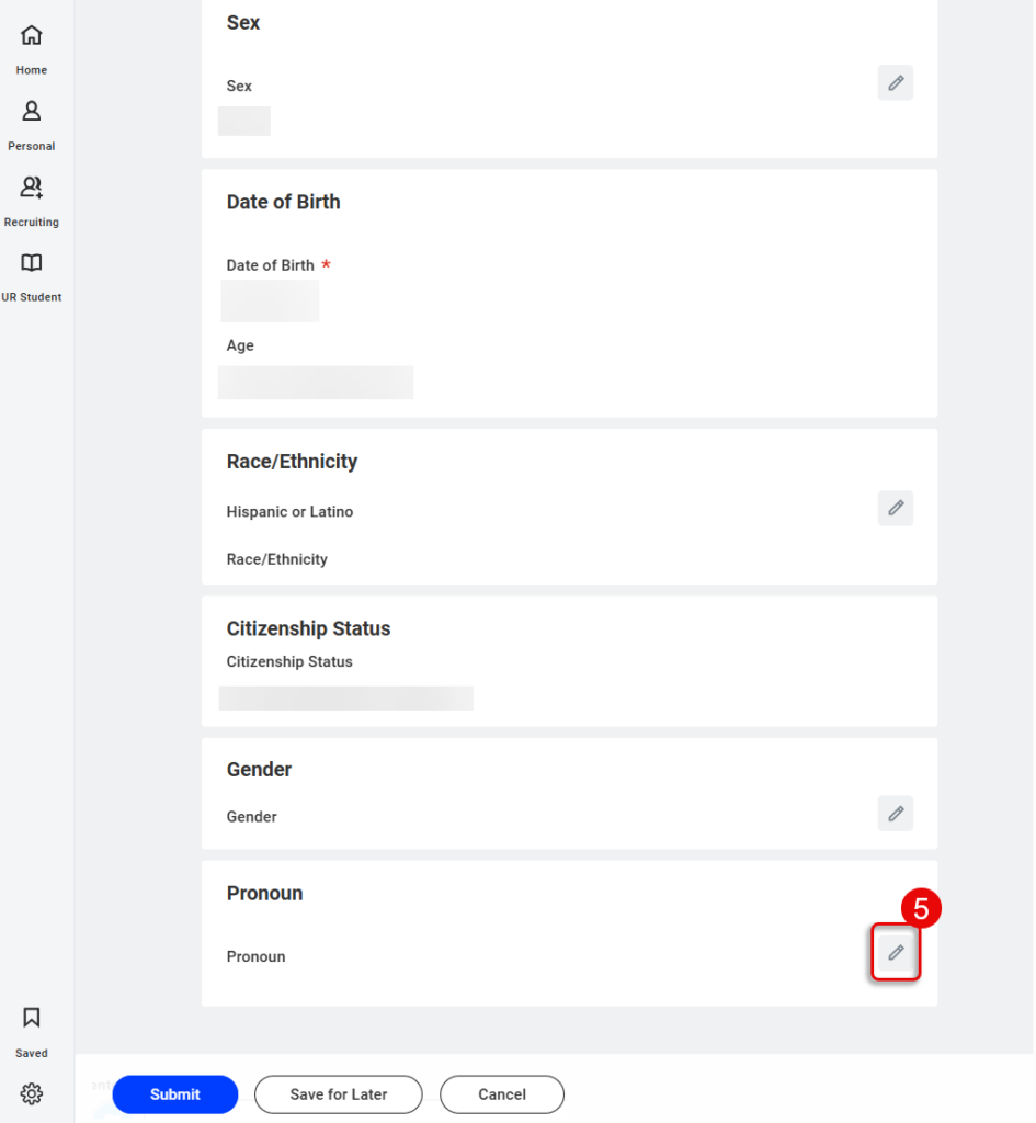 From the personal information page, scroll down and select the edit icon next to Pronoun.