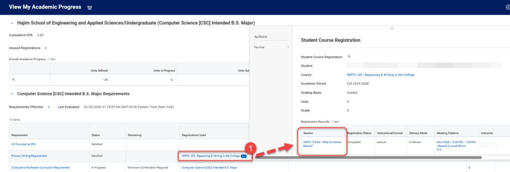 Academic progress page showing Computer Science major requirements with WRTG 105 course highlighted and registration details on the right.