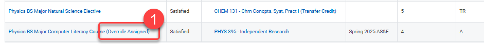 The image shows course sections CHEM 131 and PHYS 395, both marked "Satisfied," as meeting the academic requirement. The Physics BS Major Computer Literacy Course is labeled with "Override Assigned."