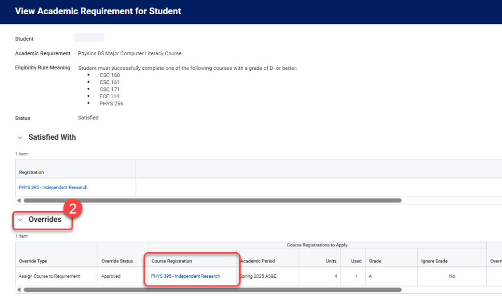 The image displays an academic requirement overview for a student, focusing on the Physics BS Major Computer Literacy Course and its eligibility criteria. It highlights the approved override for the course "PHYS 395 - Independent Research."
