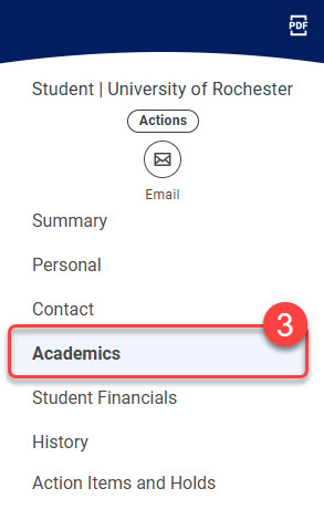Step 3 - Academics link under profile navigation on left-hand side of page.
