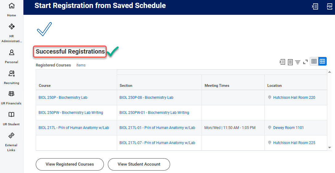 Step 6 - View of successful registration from a Saved Schedule.
