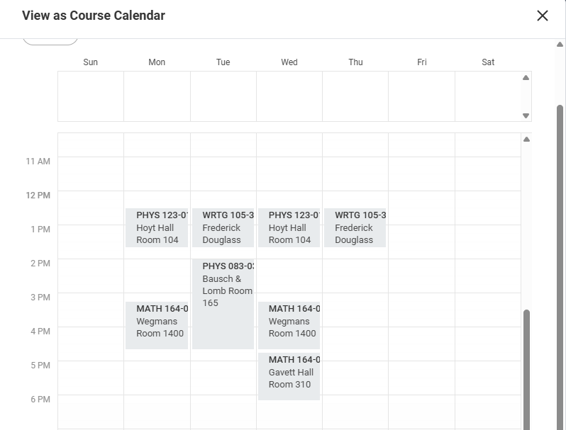 View of Course Calendar.