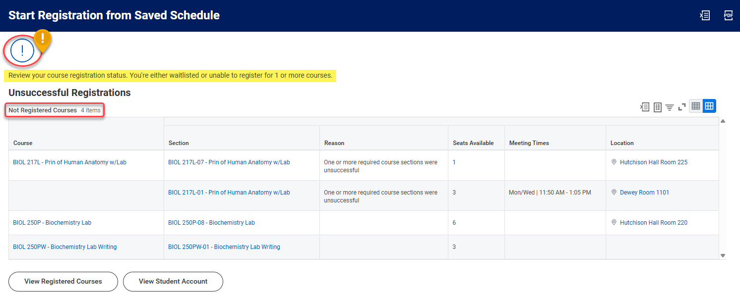 Step 6 - Example of an unsuccessful register after an attempt to register from a Saved Schedule.