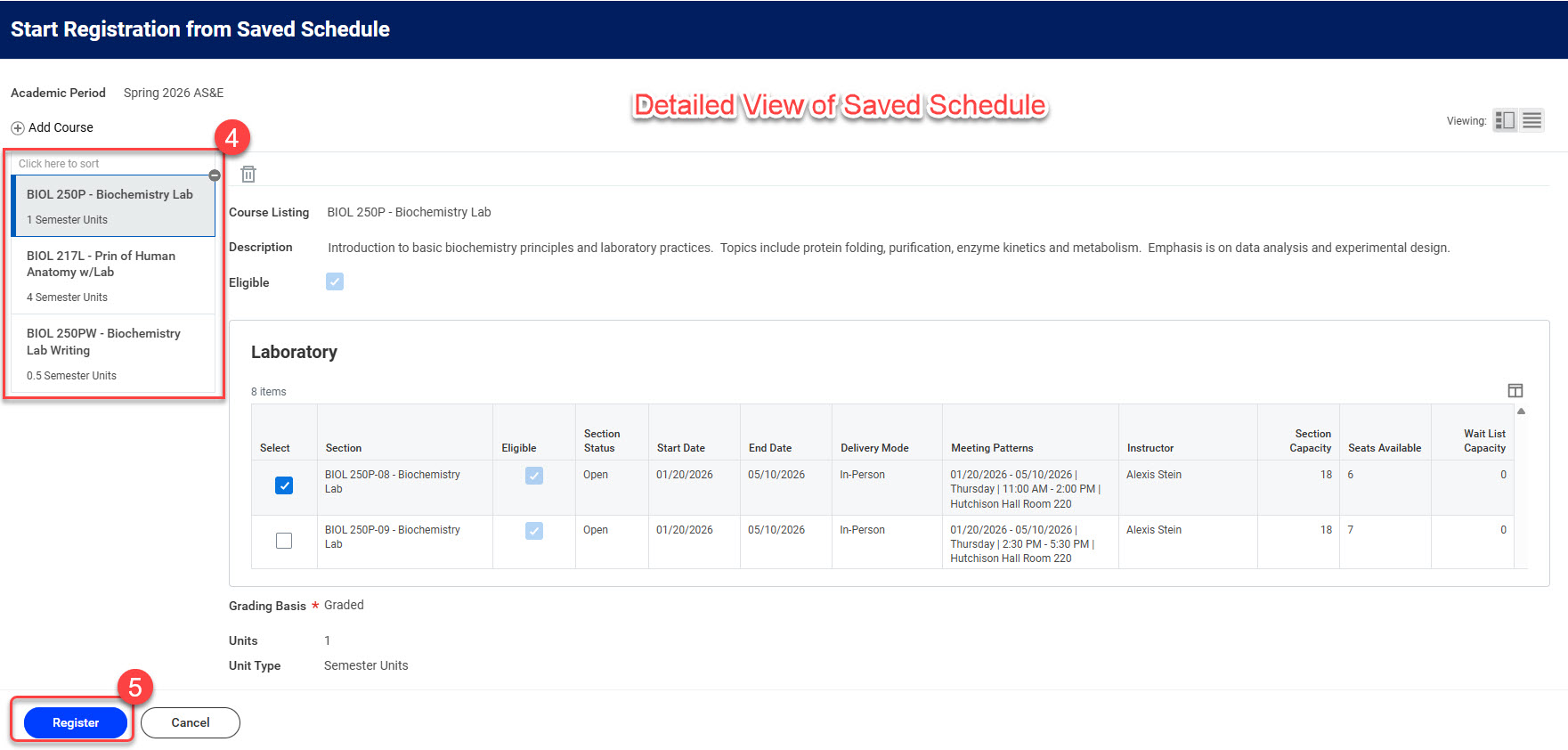 Steps 4 and 5-Review course list, then click Register button.