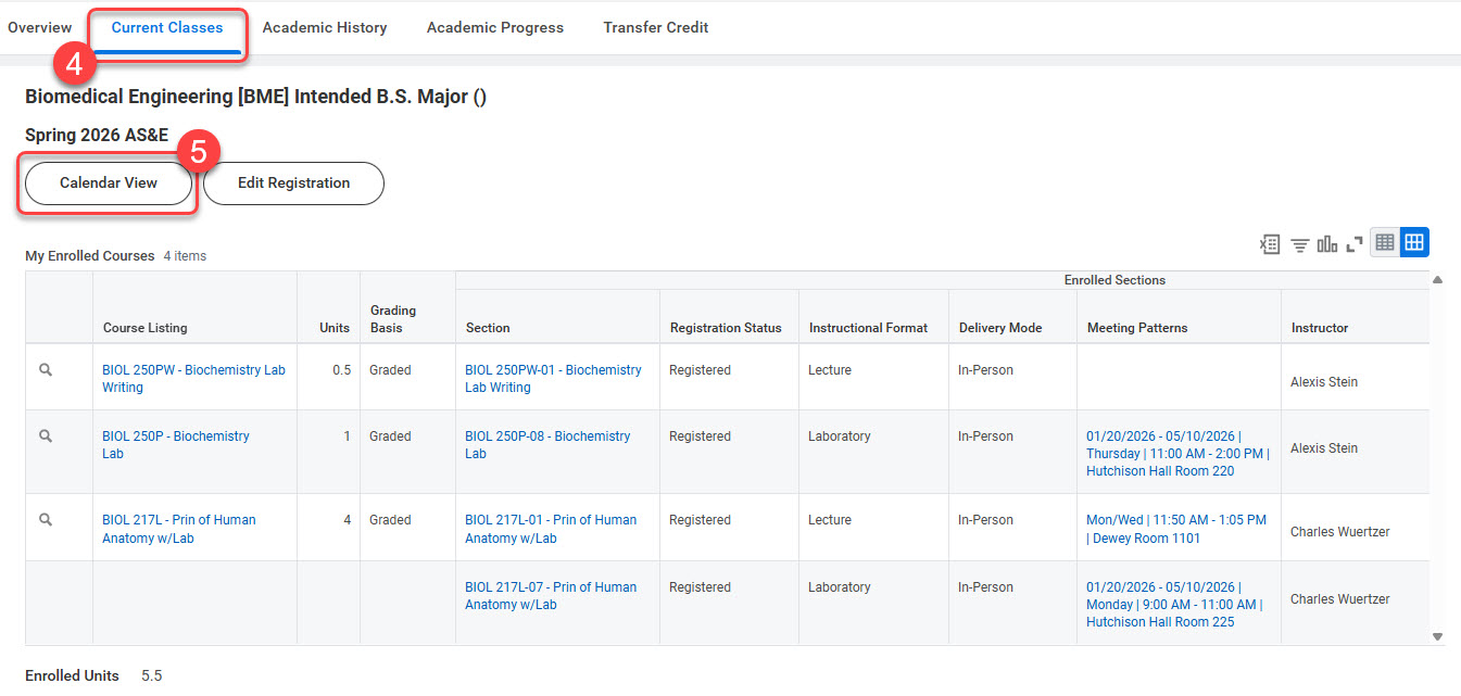 Steps 4 and 5 - Click Current Classes tab then Calendar View to see a different view of your Saved Schedule.