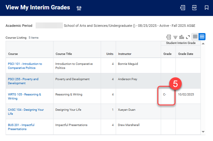 5. If an Interim Grade has been assigned, it appears in the Grade column.